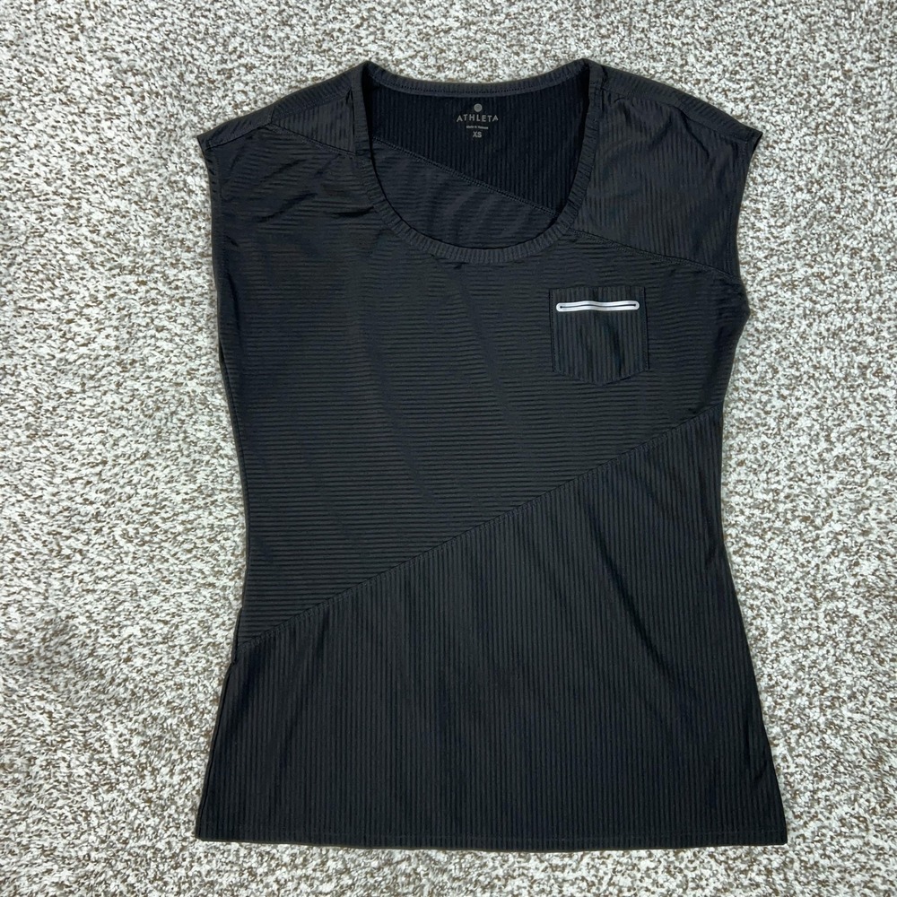 Athleta Tank Top Womens XS Black Striped Scoop Neck Pocket Running Speedsetter
